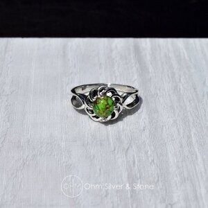 Sterling Silver Green Copper Turquoise Floral Ring - Size 9 Stamped 925 Silver